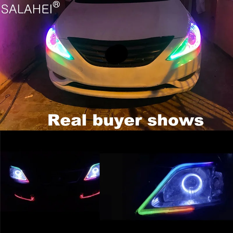 심포니 DRL 자동차 LED 주간 주행등 앱 제어, 유연한 RGB 흐르는 방향 지시등 스트립, 헤드라이트 장식 램프, 12V, 24V, 2 개