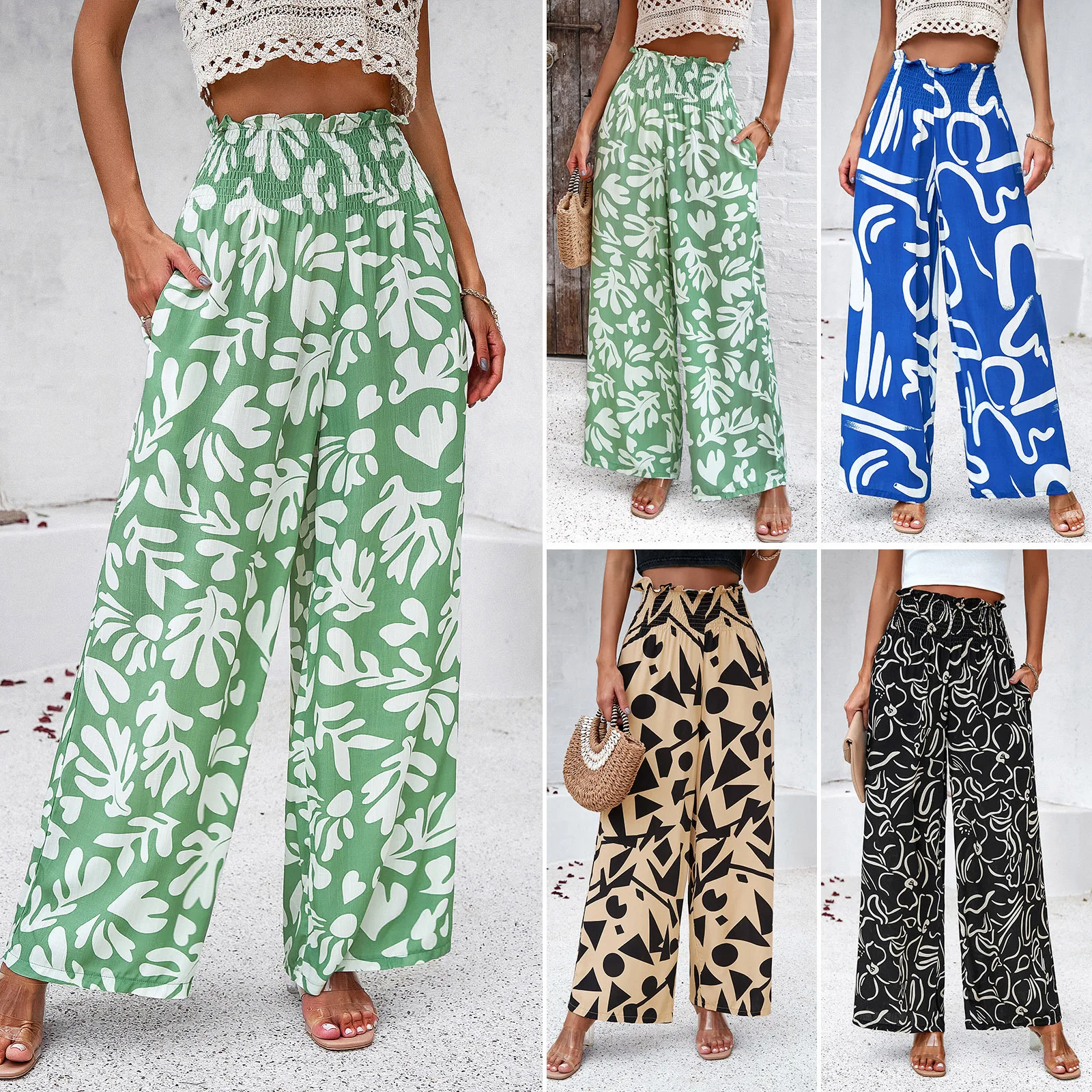 High Quality Women's Clothing 2024 Spring Summer Elegant Temperament Printed Loose Elastic Waist Lace Pants Streetwear Trousers