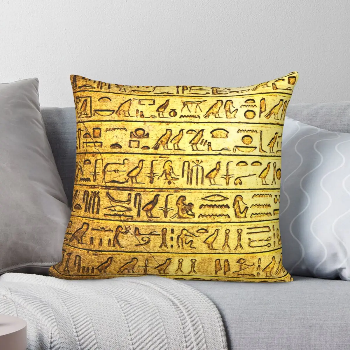 

Ancient Egyptian Hieroglyphs Yellow Square Pillowcase Polyester Linen Velvet Creative Zip Decorative Bed Cushion Cover 18"