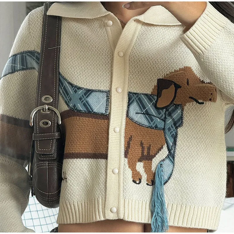 Casual Knitted Printed Dog Cardigan Women Vintage Cute Lapel Single Breasted Short Sweaters Female Autumn Chic Street Knitwear