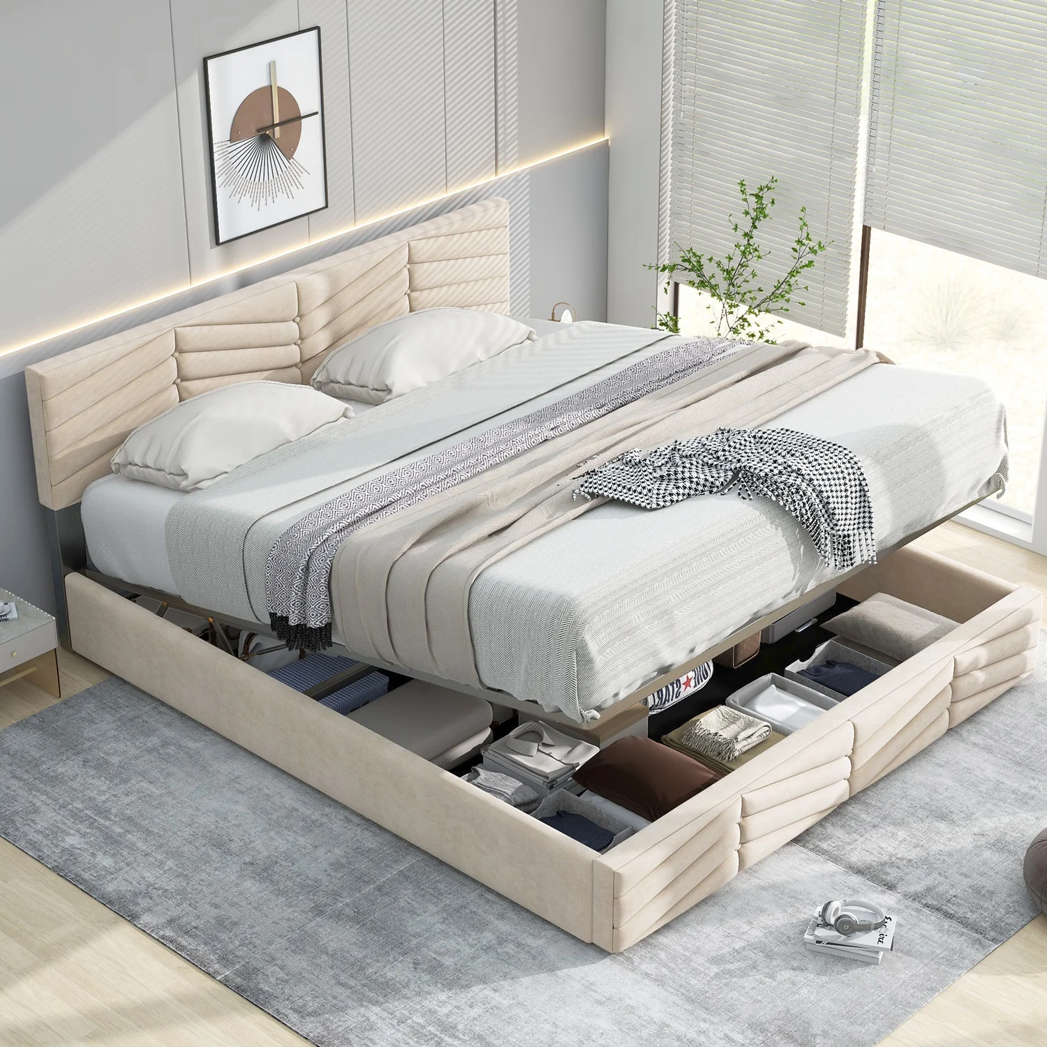 Upholstered Bed 140*200 with Lattice + Headboard, Height Adjustable Headboard Large Storage Space, for Adults Teenagers Bedroom