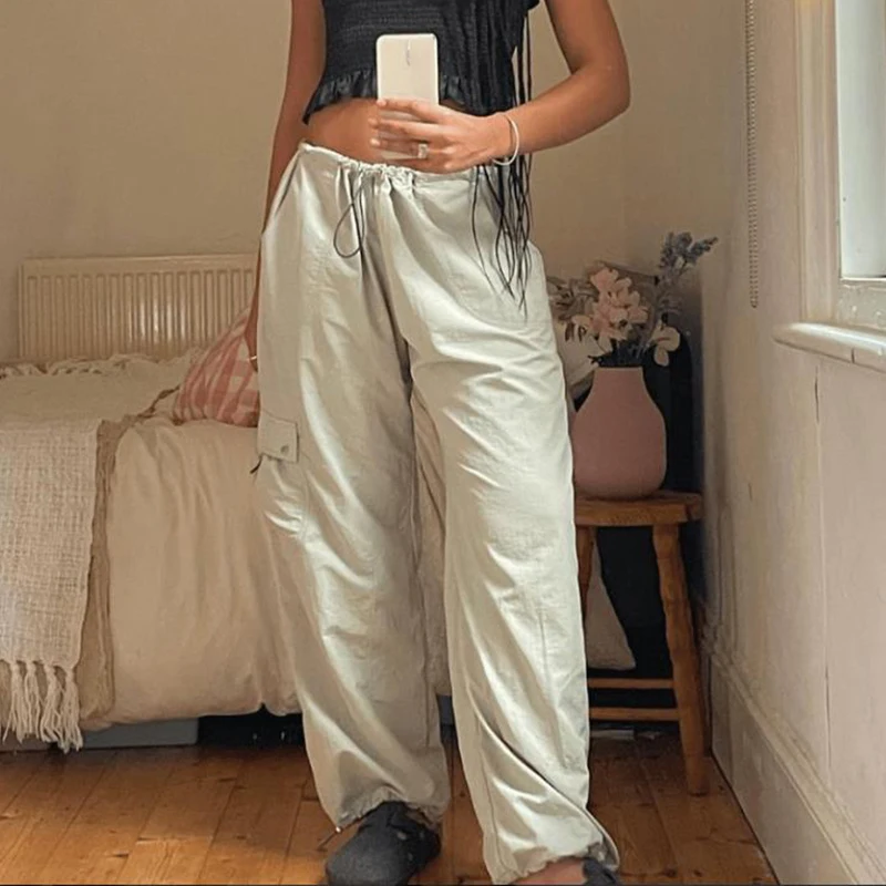 

90s Vintage Pockets Cargo Sweatpants Chic Women Ruched High Waist Loose Pants Korean Hip Hop Harajuku Grunge Y2K Streetwear
