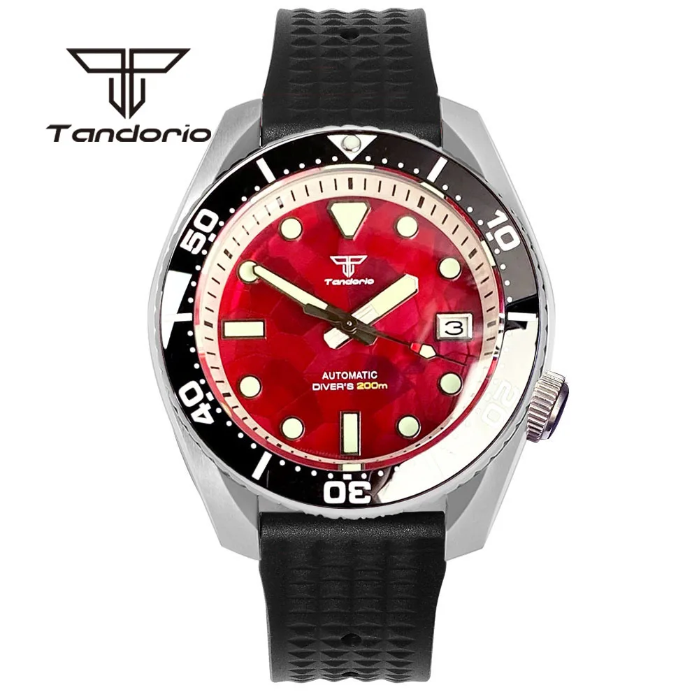 Tandorio NH35A Red Mother of Pearl Dial 42.5mm Brushed 20bar Men's Automatic Dive Watch 3.8 Crown Sapphire Glass Date Luminous