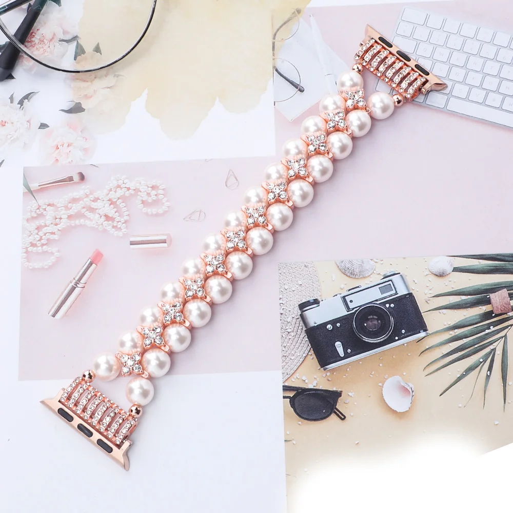 Elegant Pearl Inlaid Diamond Women's Watch Strap
