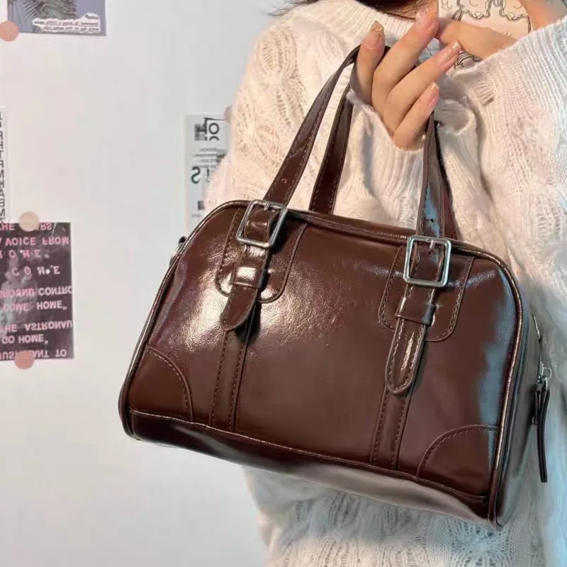 Retro Brown Leather Buckle Shoulder Bag Women Zipper Leather Large Capacity Crossbody Bag Ladies Marleid Casual Sle Handbag 2025