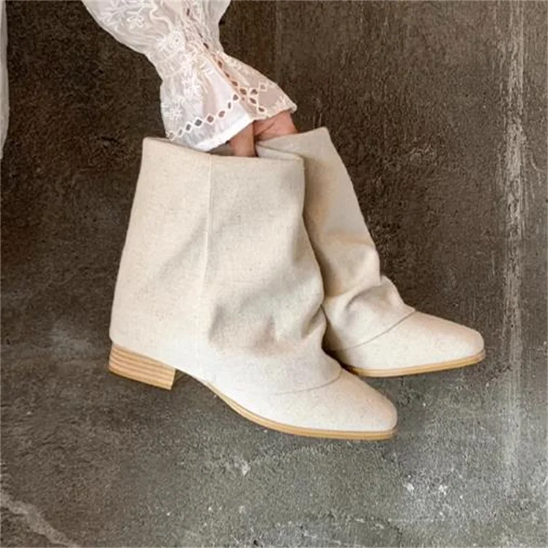 

Pleated Shoes for Ladies Round Toes Short Ankle Boots Churry Low Heels Female Flax Cotton Designers Botas Solid Chassure Femme