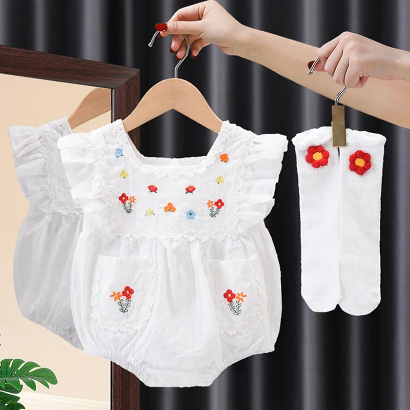 

Summer Baby Girl Jumpsuit Socks Embroidery Cotton Princess Kids Romper Girls Clothes Flower Toddler Outfit Suit Infant Onesie