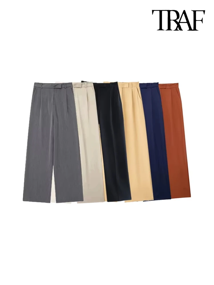 TRAF Women Fashion With Darts Front Pockets Wide Leg Pants Vintage High Waist Zipper Fly Female Trousers Mujer