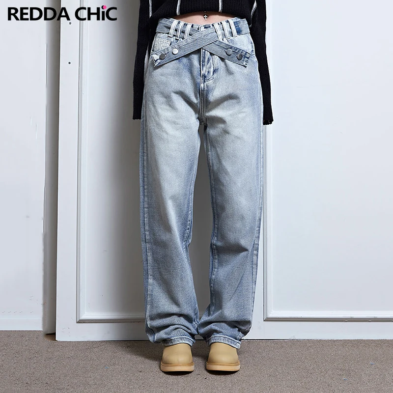 

Женские мешковатые джинсы REDDACHiC с запахом и поясом, отбеленные свободные джинсовые брюки с высокой посадкой, женские винтажные брюки Y2k, уличная одежда