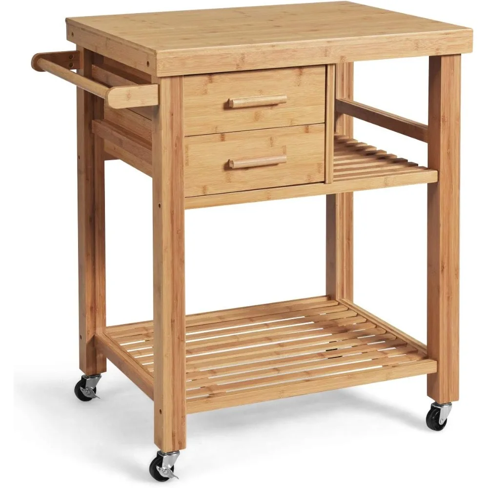 Kitchen Island, Bamboo Island Cart, Kitchen Trolley Cart on Wheels, Rolling Cart, 2 Drawers, Towel Rack, Casters