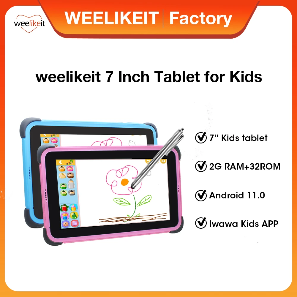 weelikeit 7'' Tablet for Kids Android 11.0 1024X600 IPS Children Tablet for Study 2GB 32GB Quad Core Kids Parent Control APP 7 inch tablet android 11 1280x800 ips children tablet for learning 2gb 32gb quad core 6000mah wifi 6 with stand kids tablet