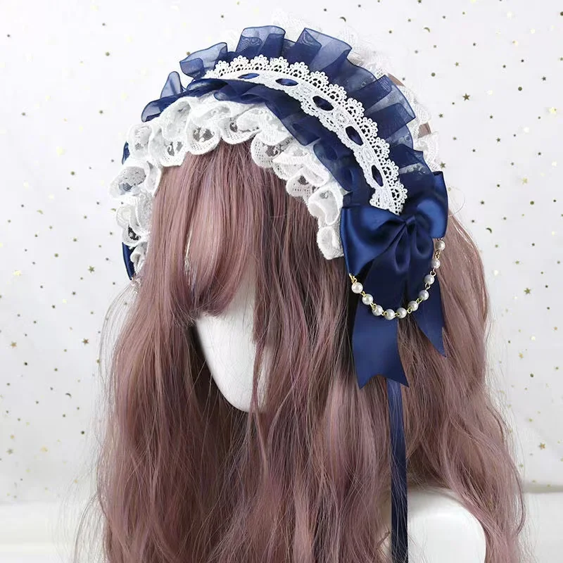 Ruffled Lace Headpiece Headband Weet Lolita Bowknot Maid Headdress Women Girls Japanese Style Crisscross Ribbon Pearls Beaded