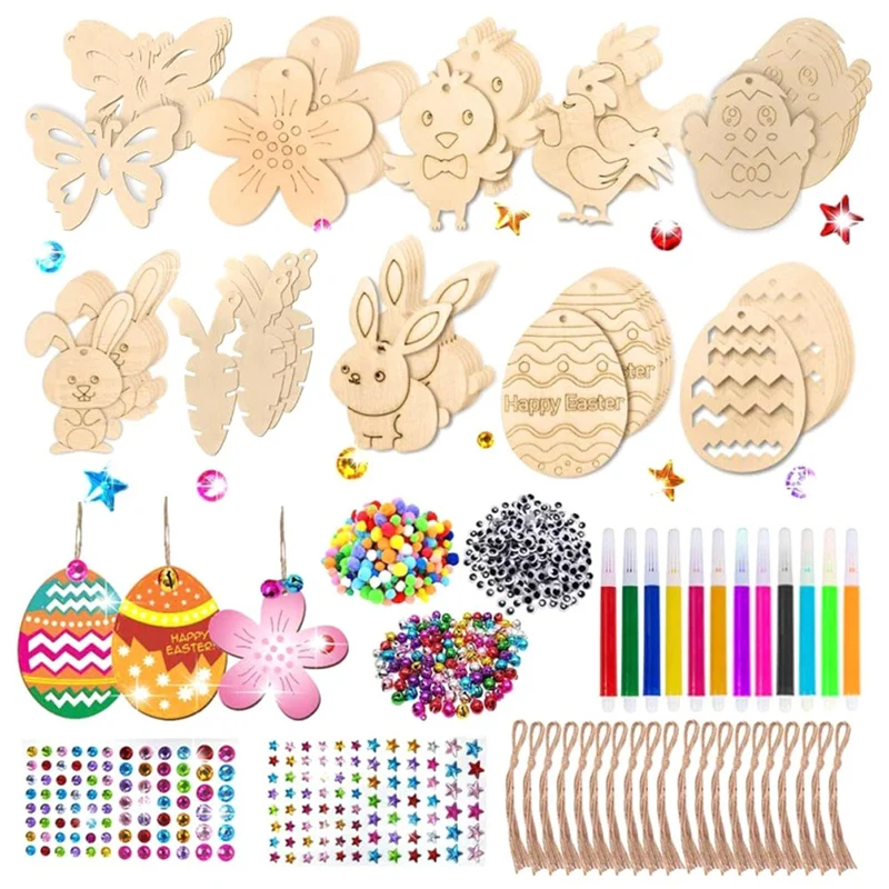 60Pieces Easter Kids Crafts Wooden Ornaments Unfinished Crafts Set Hanging Embellishments Crafts Set For Kid Valentines Day Card