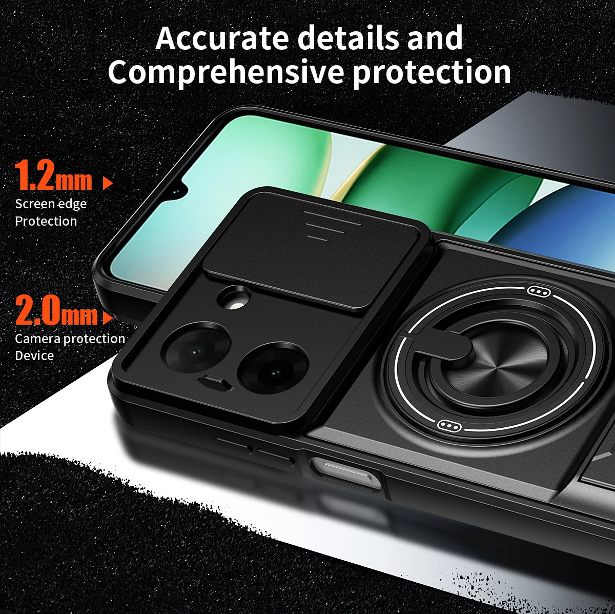 Shockproof Armor Case with Slide Lens Protector and Ring Holder – Dual-Size Phone Cover