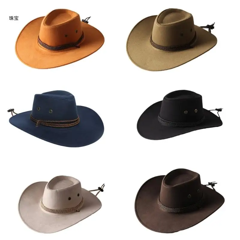 

X5QE Vintage Wide Brim Western Cowboy Hat with Rope Windproof for Morning Workout