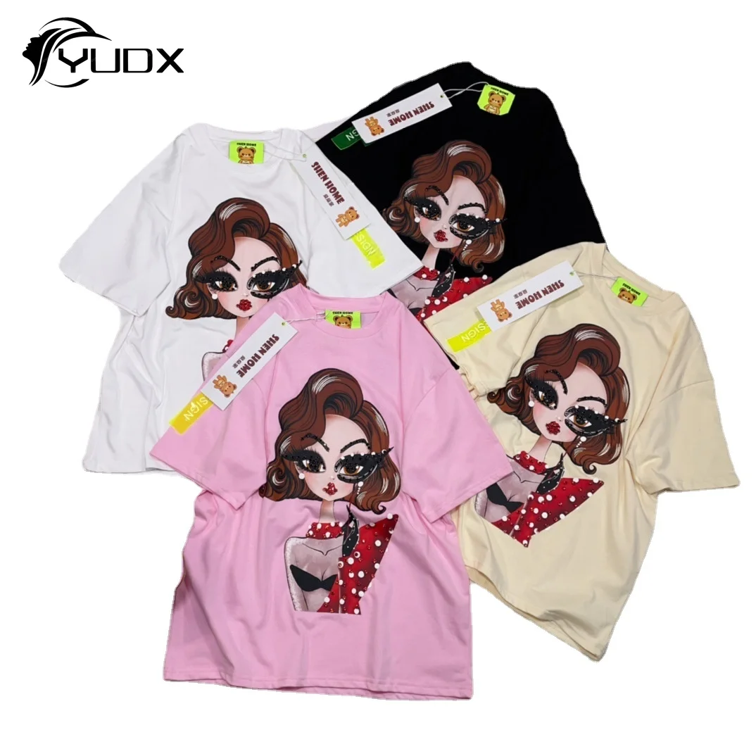 

YUDX Original 2024 Spring Summer Women Short Sleeve T-shirt Cartoon Printed Diamonds Mid-long Casual Top O-neck Pullover Tees