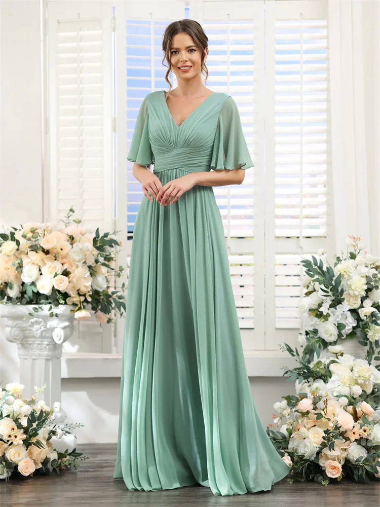 Bridesmaid Dresses A-Line V-Neck Half Sleeves Split Side Floor Length Chiffon With Pockets Elegant For Weddings Guest