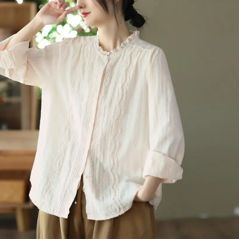 

Vintage Cotton Linen Lace Embroidery Shirt Womens New Art Style Fungus Collar Long-sleeved Blouse Casual White Shirt Women