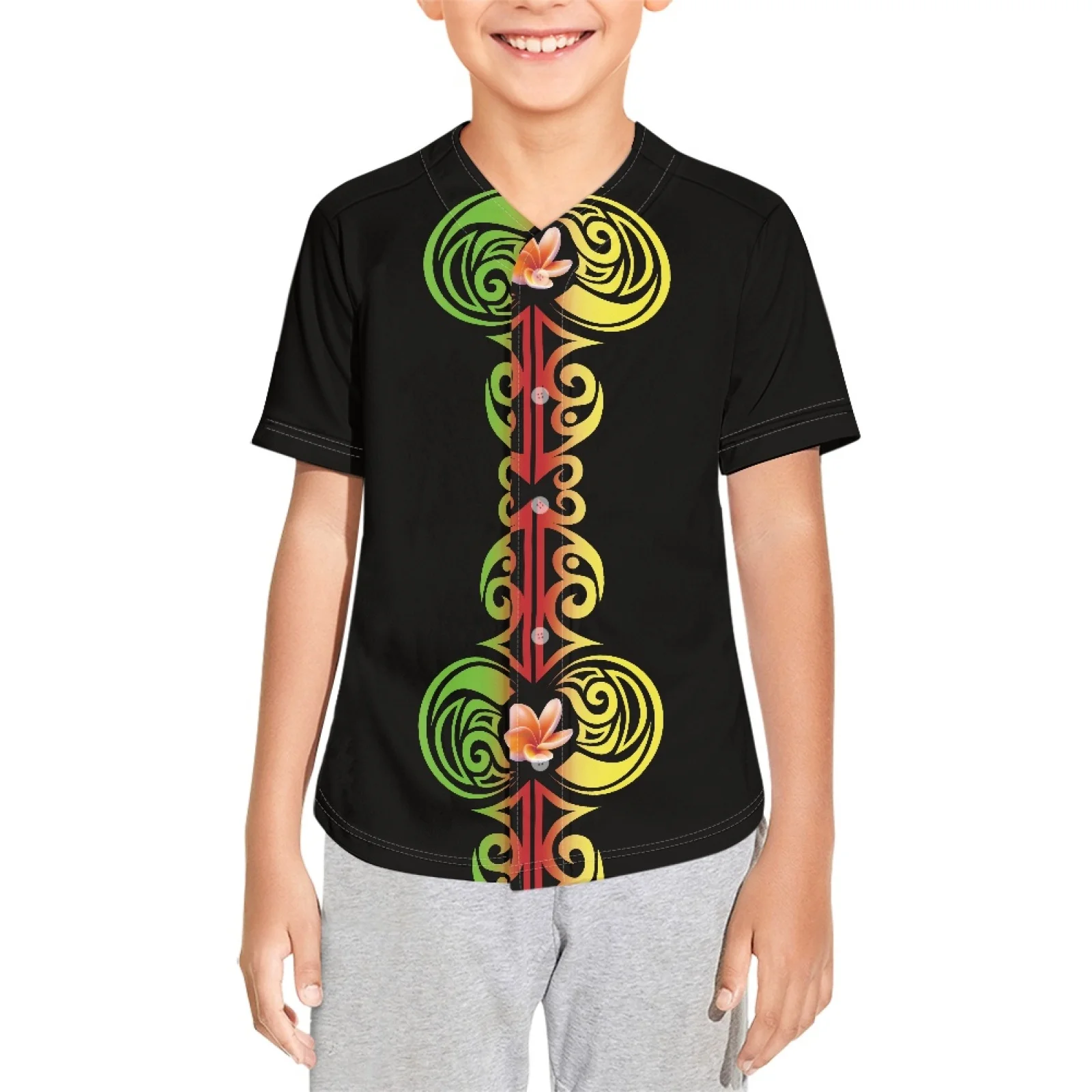 

Polynesian Tribal Hawaiian Totem Tattoo Hawaii Prints Kids Baseball Jersey T Shirts Team Uniform PE School League Holiday Beach