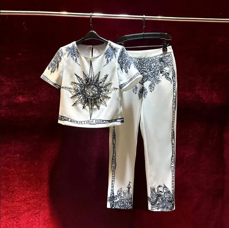 

European and American women's clothes 2023 summer new Crewneck short sleeve beaded printed T-shirt Cropped trousers Fashion suit