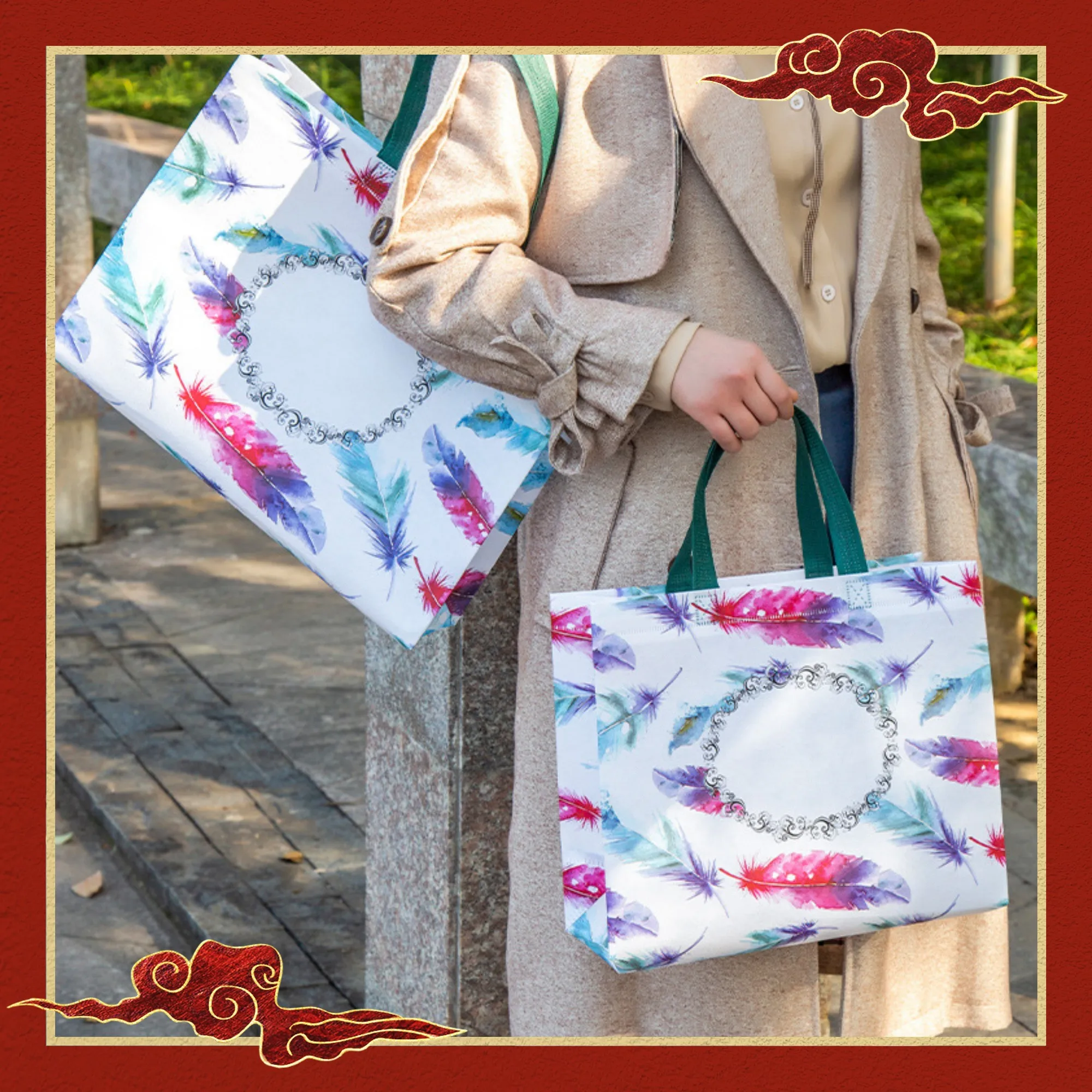 Reusable Bag Shopping Bag Shopping Pouch Non woven Fabric Storage Folding Bag Feather Printing Waterproof Traval