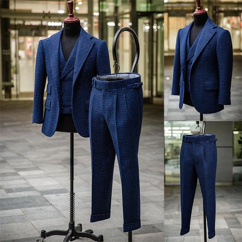 

Winter Men Suits Blazer Blue Houndstooth Tweed Bridegroom 3 Pcs Coat+Vest+Pants Custom Made Formal Jacket Wedding Tuxedos