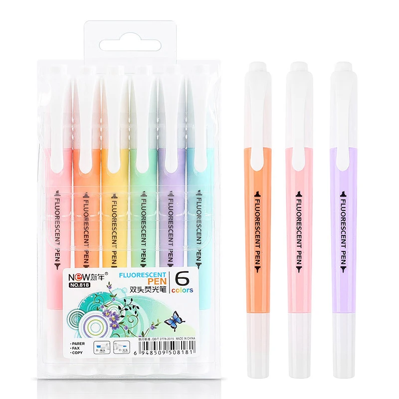 Double Head Fluorescent Highlighter Pen Markers Pastel Drawing Pen for Student School Office Supplies 6Pcs/Set highlighter pen