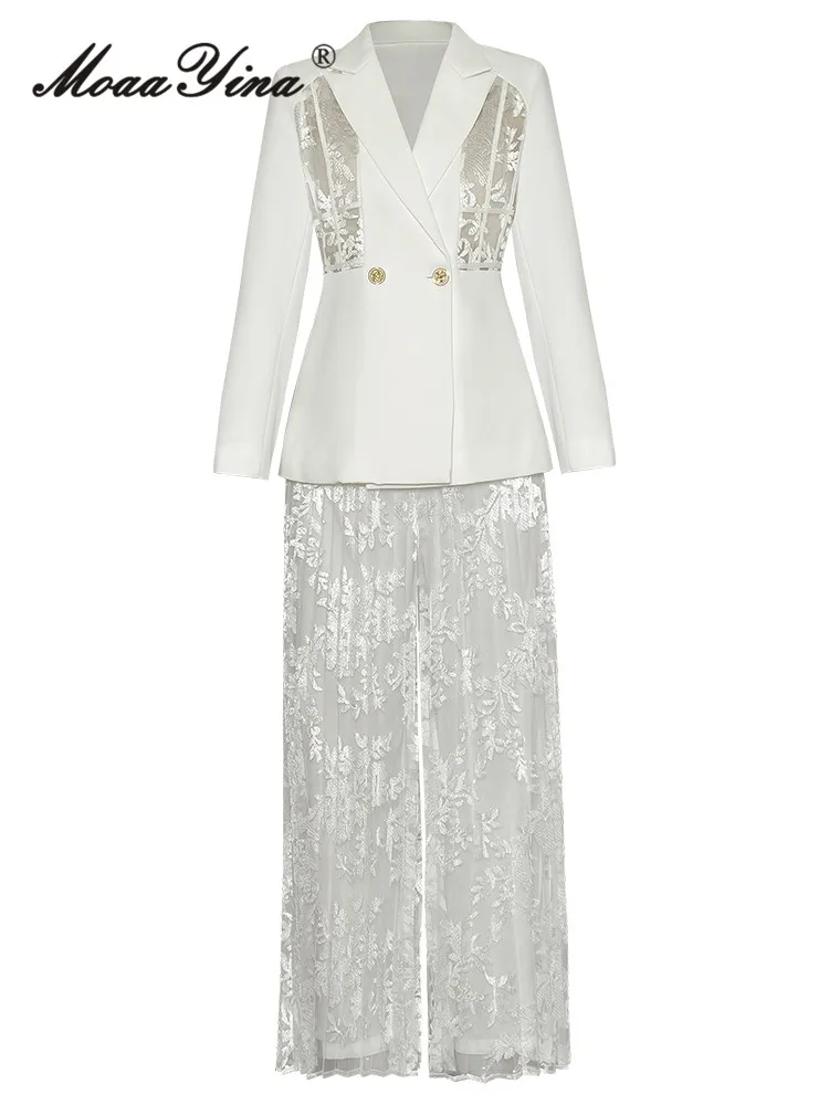 

MoaaYina Fashion Designer Summer Elegant Vintage Shorts Set Notched collar White Blazer+Lace Mesh Trouser Two Pieces Set