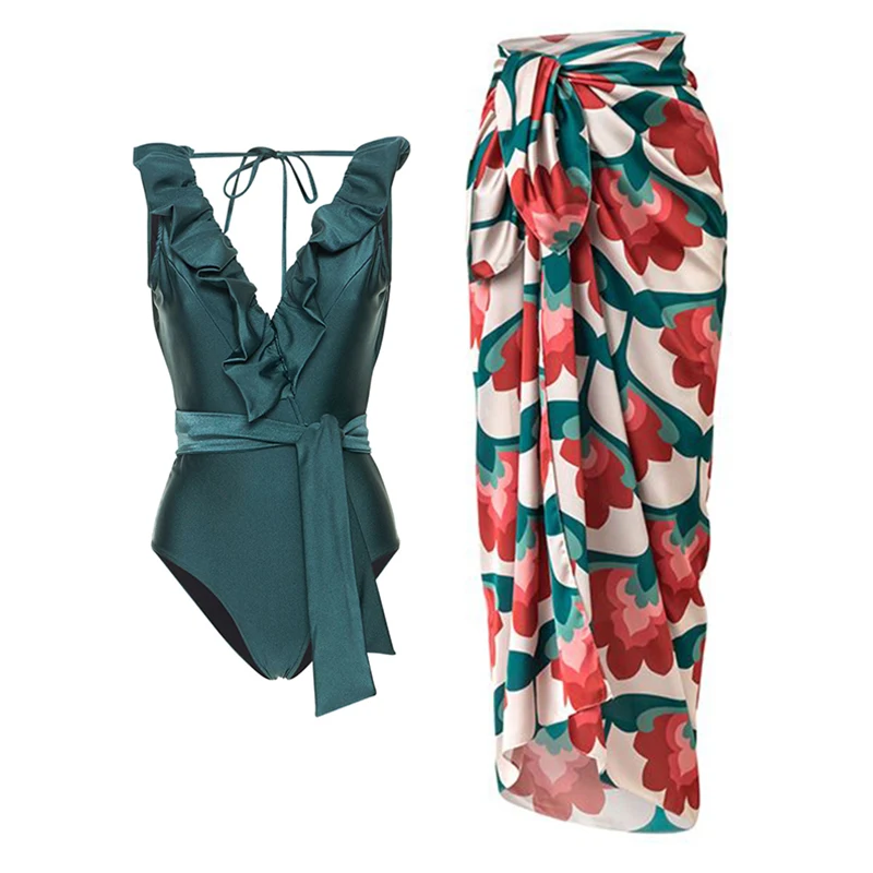 

One Piece Swimsuit Women Floral Print Ruffled Swimwear and Cover Up Vintage Summer Sexy Bodysuit Backless Bathing Suits Female