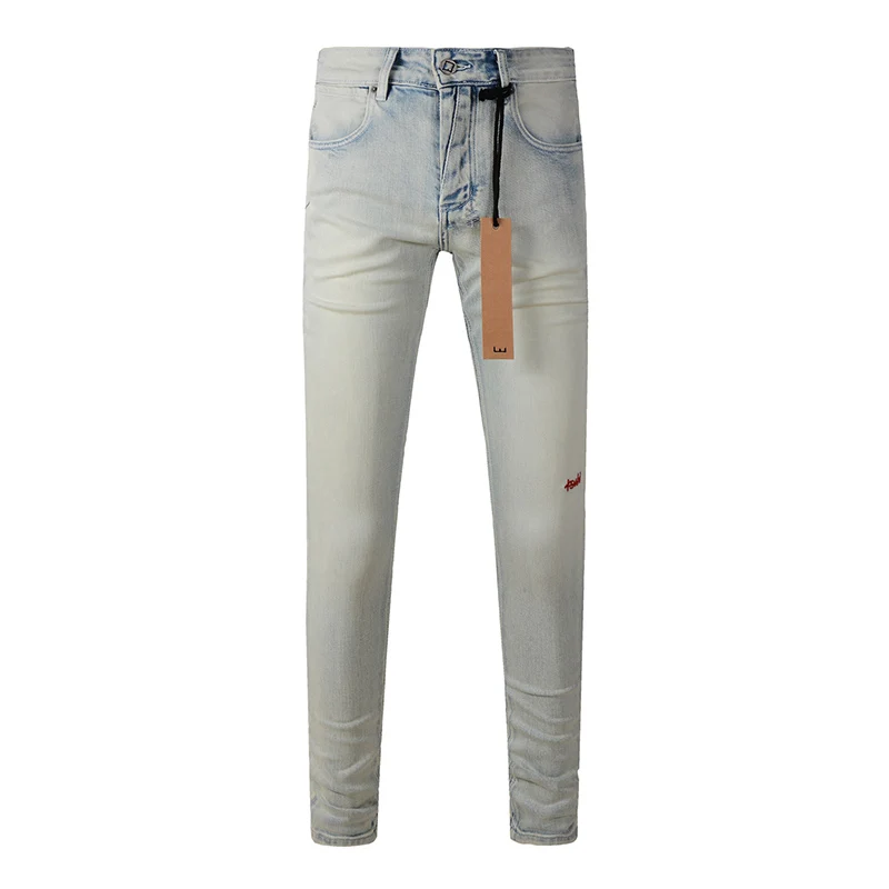 Men's Washed Light Blue Skinny Original Quality Button Fly Ripped Jeans