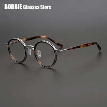 Top Quality Retro Round Glasses Frame Japanese Handmade Titanium Ultralight Men Eyeglasses Women Eyewear Acetate Korean Fashion