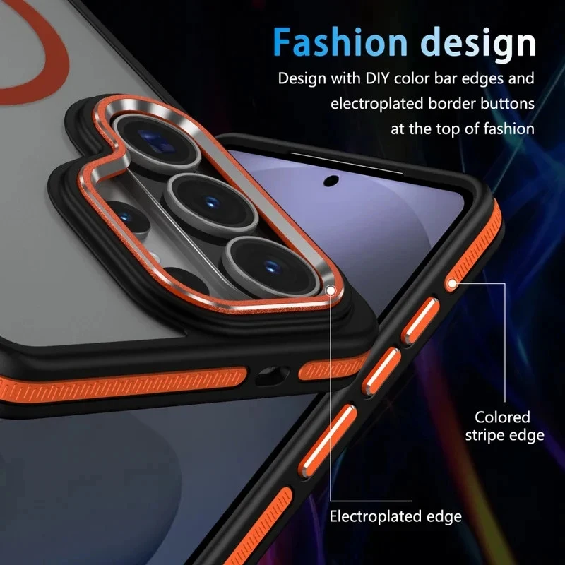 Sleek Metal Lens Holder Phone Case with Wireless Charging and Magnetic Stand Compatibility
