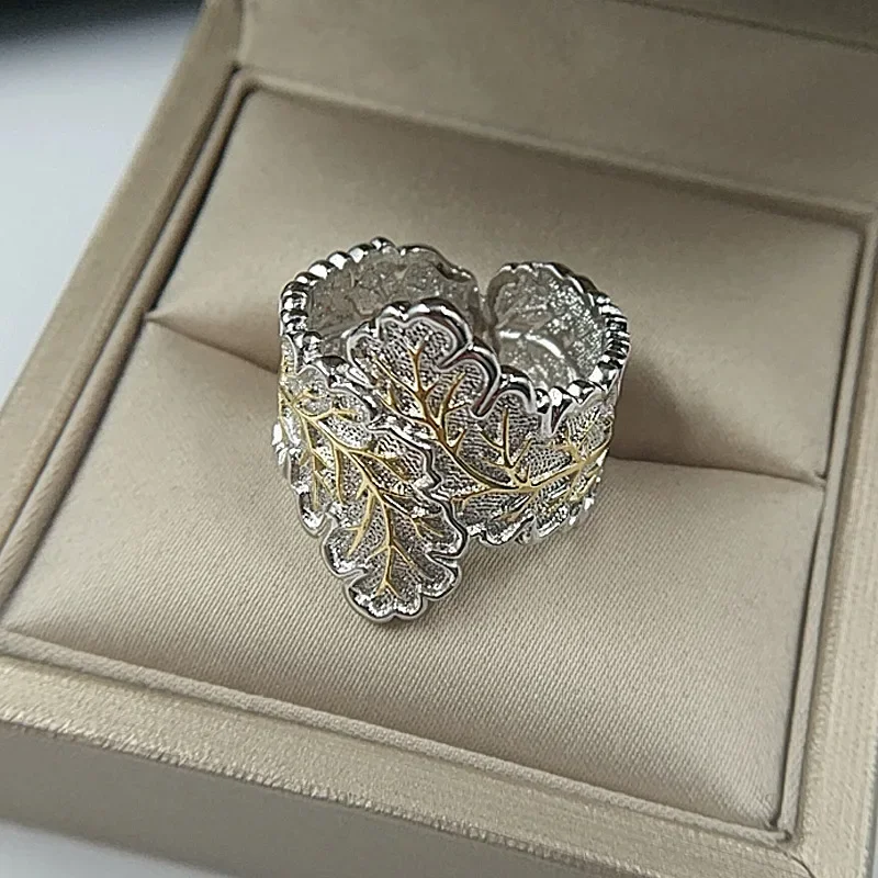 Vintage Engraving Golden Leaf Embossed Men and Women 925 Silver Ring Jewelry Elegant Party Essential Jewelry engagement ring silver ring silver rings gold plated silver ring golden ring