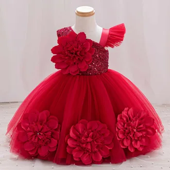 New Red Single Shoulder Sparkling Flying Sleeve Baby's Birthday Party Dress 0-6 Year Old Girl Pageant Dresses for Toddler Girls 1