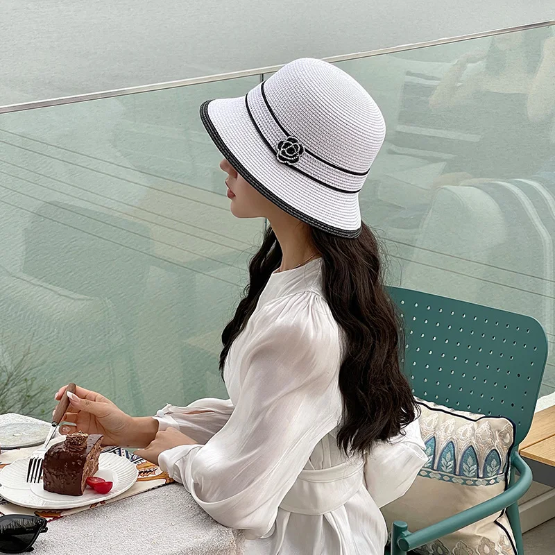 

Summer New Straw Bucket Hats for Women Outdoor Travel Vacation Sunscreen Shade Korean Version Ins Elegant Camellia Sun Caps