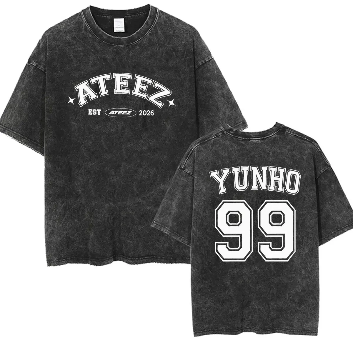 Vintage Washed Ateez Yunho K-Pop Band Album 2026 T-Shirt für Herren und Damen, Hip-Hop, locker geschnitten, koreanische Mode, Kurzarm-T-Shirt, Streetwear