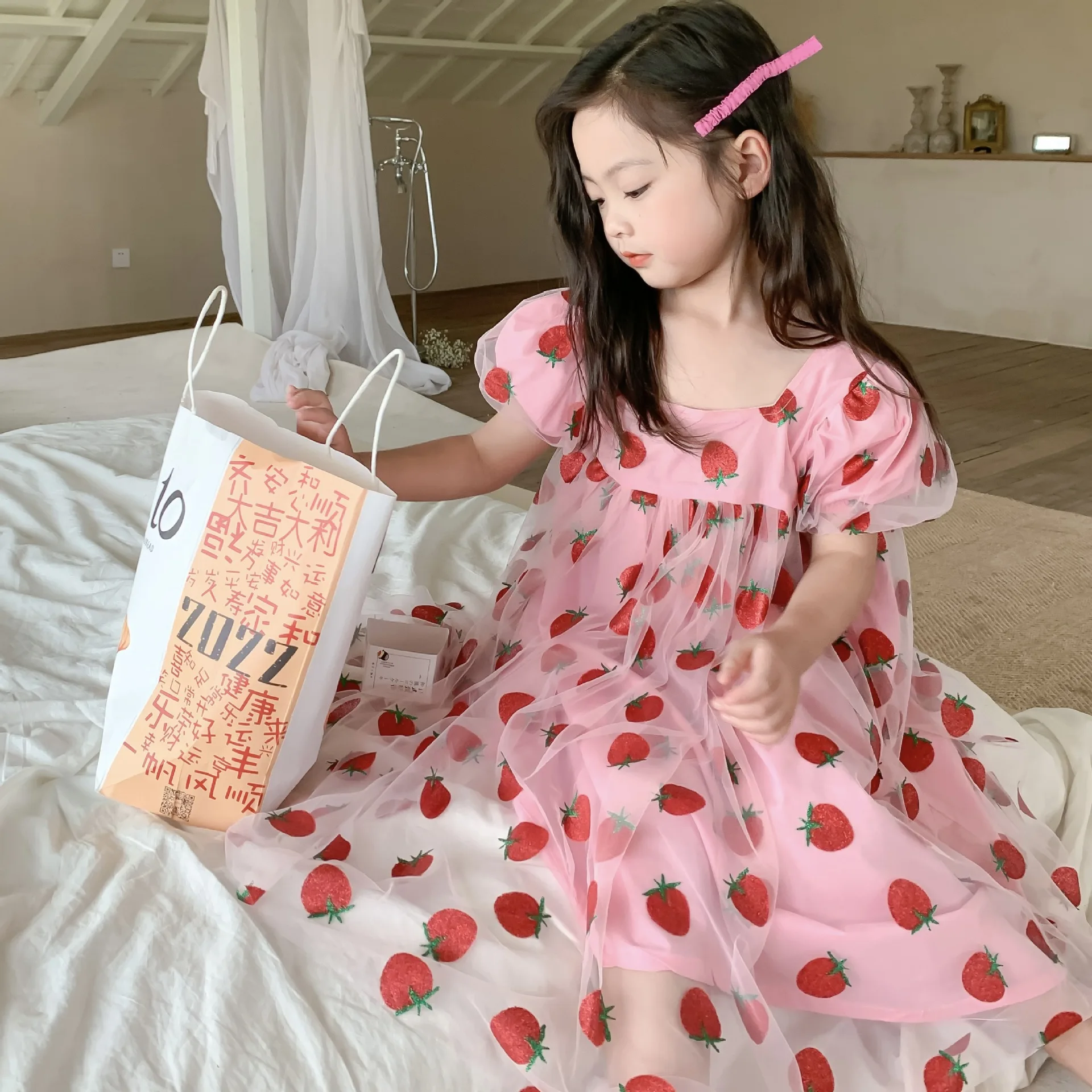 

Kids Clothes Girls Summer Dress Children Clothes Puff Sleeve Pink Strawberry Princess Dress Vestidos Toddler Teen Dresses 2-6Y