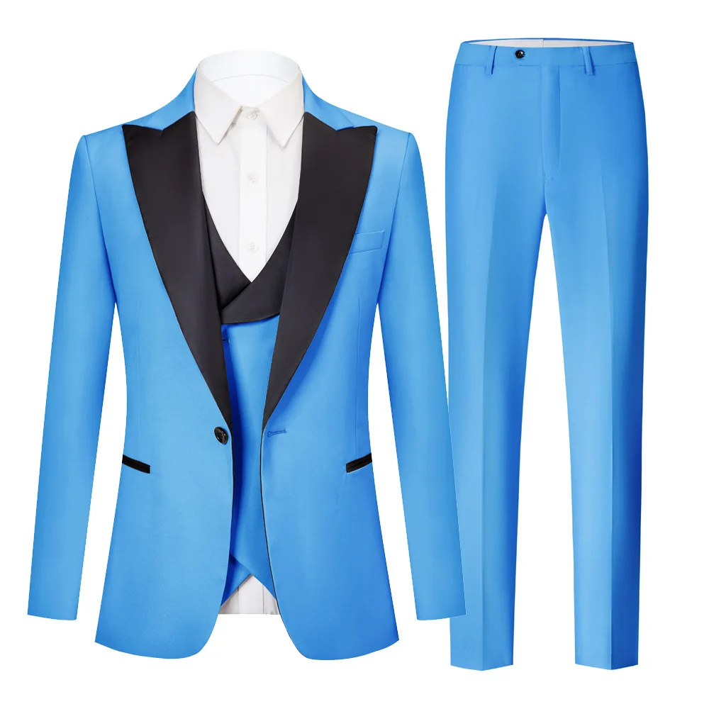 Elegant Mens Suit (Blazer+Vest+Pants) Pink Blue Khaki Wedding Groom Prom Party Business Banquet Slim Fit Jacket Male 3 Piece Set