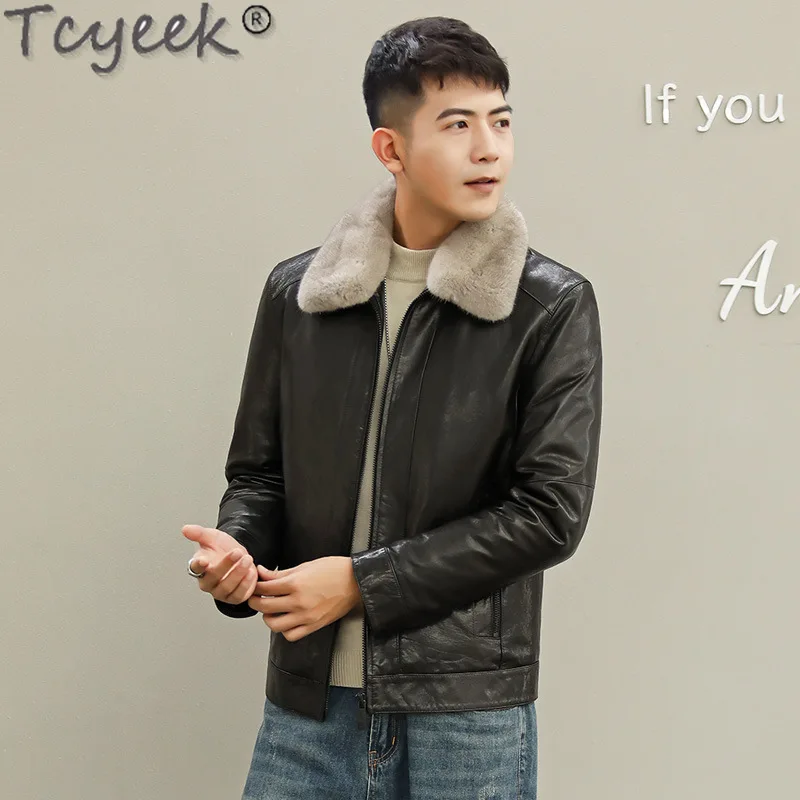 Tcyek 남성용 캐주얼 탑 레이어 염소 가죽 코트, 따뜻한 겨울 밍크 모피 라펠 칼라 패션,  가죽 다운 재킷, 남성 의류