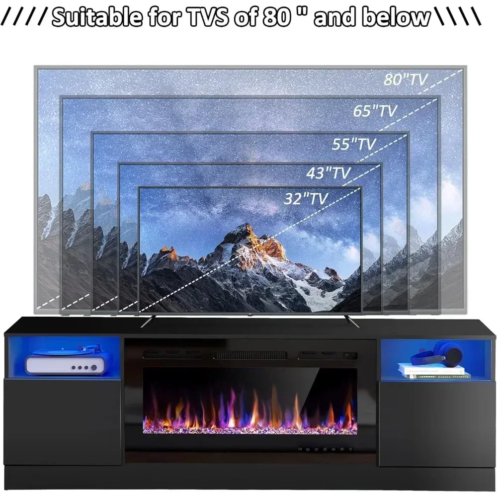 Electric Fireplace 70" Fireplace TV Stand For TVs Up to 80" With 36" Electric Fireplace TV Console For Living Room LED Light Entertainment Center