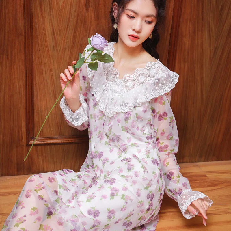 

FZSLCYIYI Summer French Retro Princess Collar Long Sleeve Nightdress Printed Chiffon Model Sleepshirts Nightgowns Sleepwear