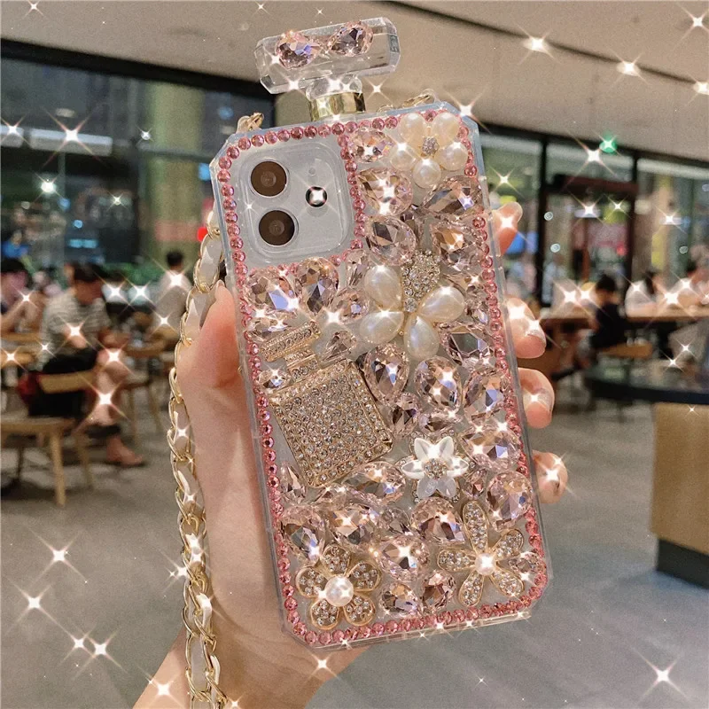 Bling Diamond Perfume Bottle Phone Case for IPhone 15 14 13 11 12 Pro Max  XR XS X 8 7 Plus SE 2020 Protection Cover with Strap