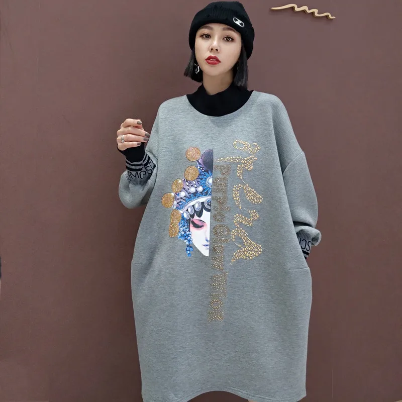 Korean Style Spliced Cartoon Sequins Sweatshirts Women Plus Size Warm Hoodie Stand Collar Space Cotton Pullovers