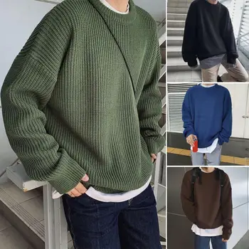 Stile coreano autunno inverno uomo Pullover maglione o-collo manica lunga tinta unita vestibilità ampia maglieria top Streetwear 1
