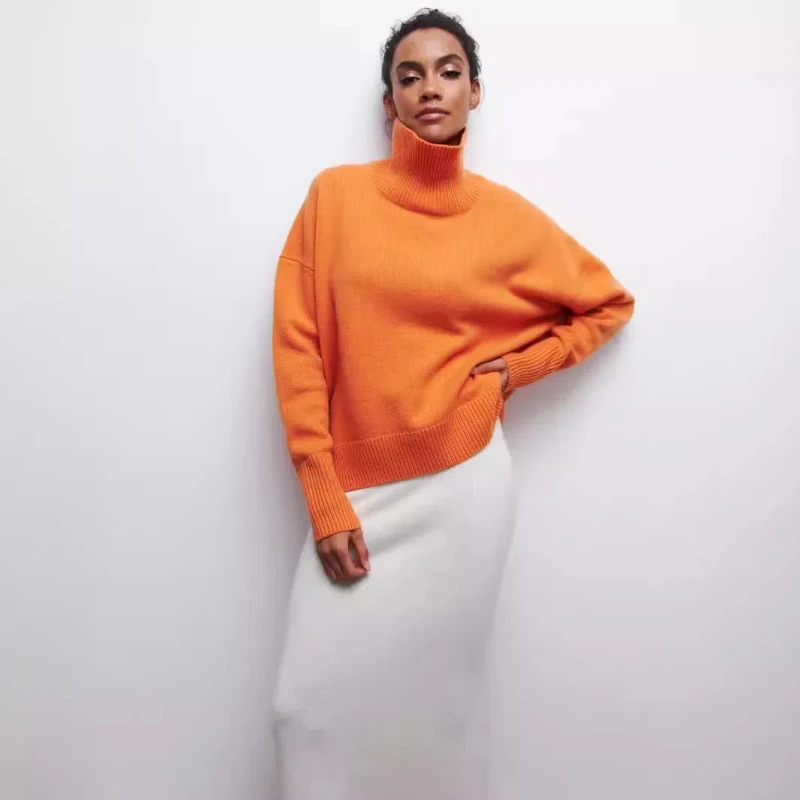 New Autumn and Winter Women's Turtleneck Solid Color Long-sleeved Sweater Fashionable Loose Casual Office Pullover Shirt 80