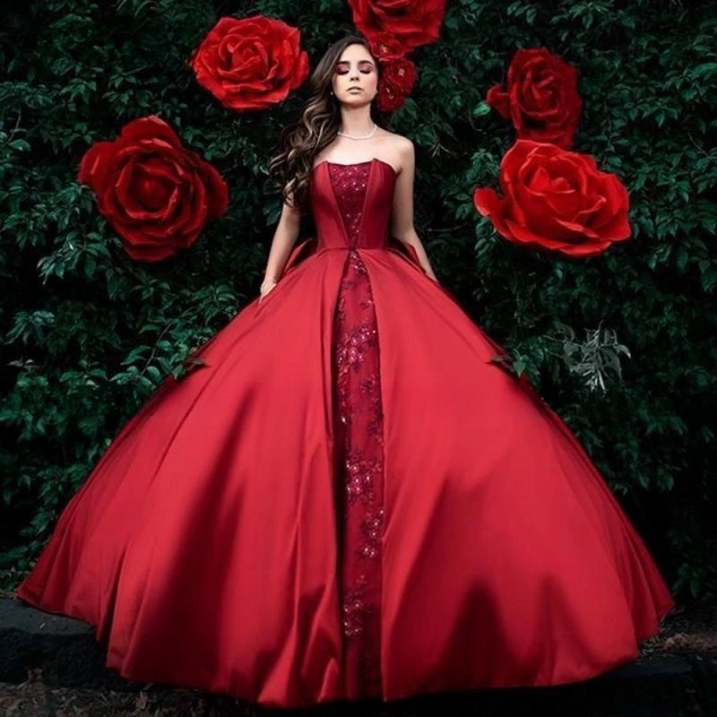 

Red Quinceanera Dresses 2023 Strapless Birthday Party Princess Sweet 16 Gown With Appliques Sequins Pageant Vestidos De 15 Años