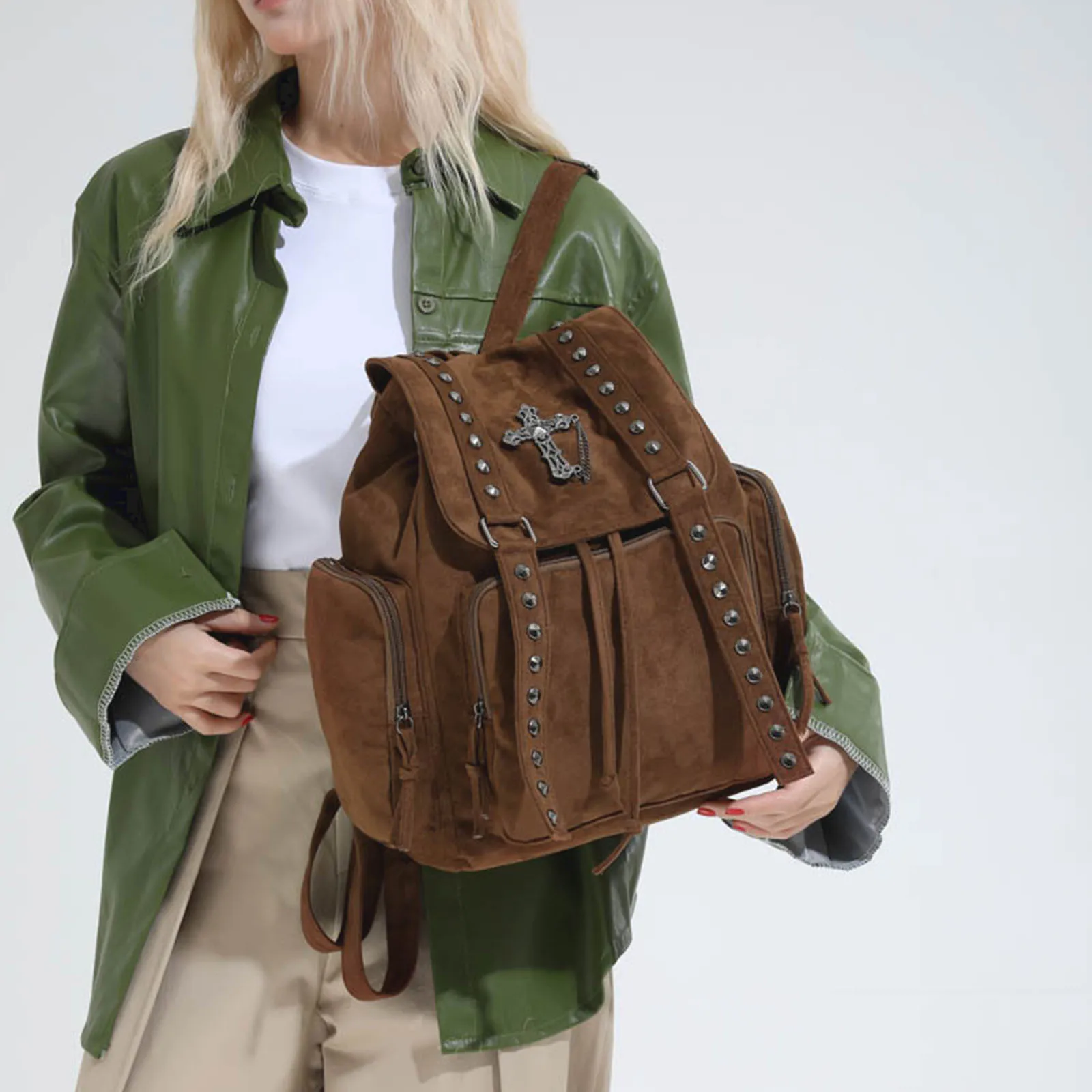 Gothic Punk School Backpack Drawstring Rivets Backpacks Commuter Bags with Cross Stud Design for Casual Travel and Daily Use