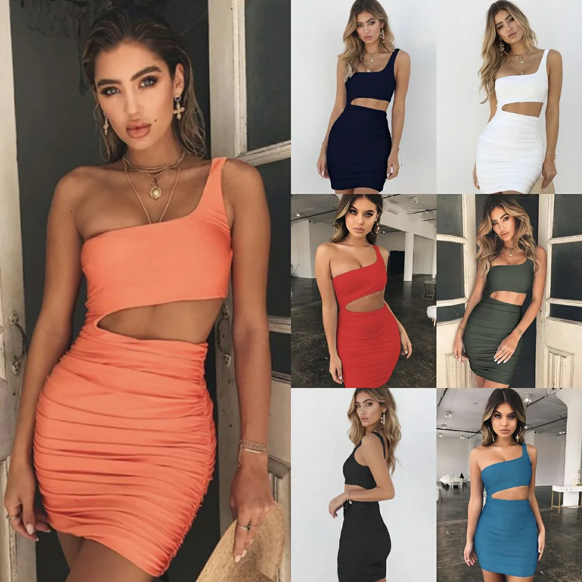 

Women's Sexy One Shoulder Sleeveless Cutout Ruched Bodycon Mini Club Dress Slim Fit Drawstring Party Date Dress