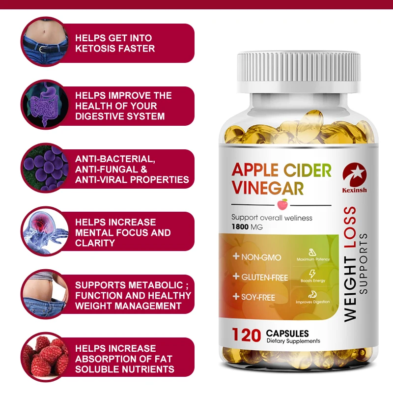 Kexinsh Apple Cider Vinegar Capsules for Detoxification, Digestion, Fat Burning, Appetite Control, Immunity Boost