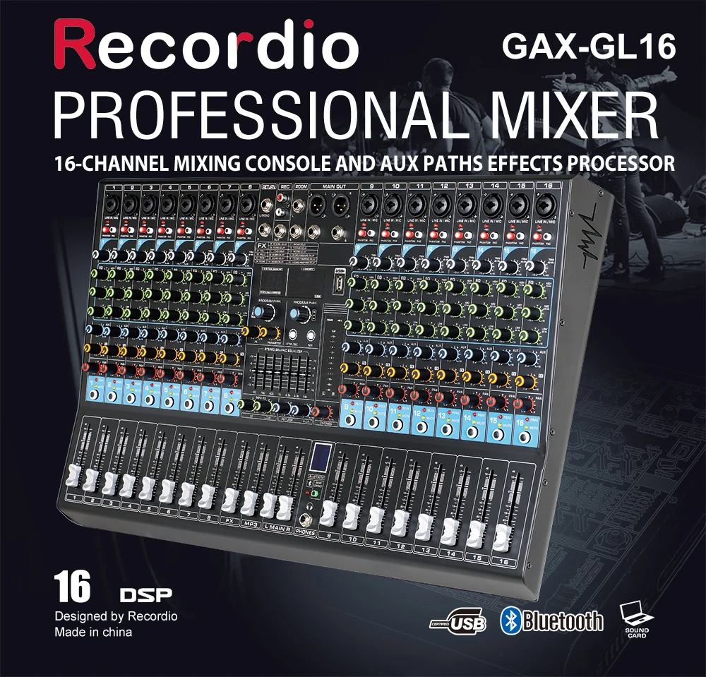 GAX-GL16 16 채널 믹서 USB 무대 노래방 회의 결혼식 효과 프로세서 믹싱 콘솔, DJ용 48V 팬텀 파워